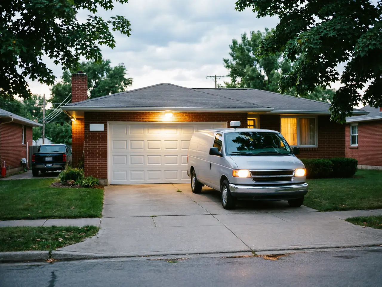 A silver van is parked in the driveway of a brick house with a white garage door.