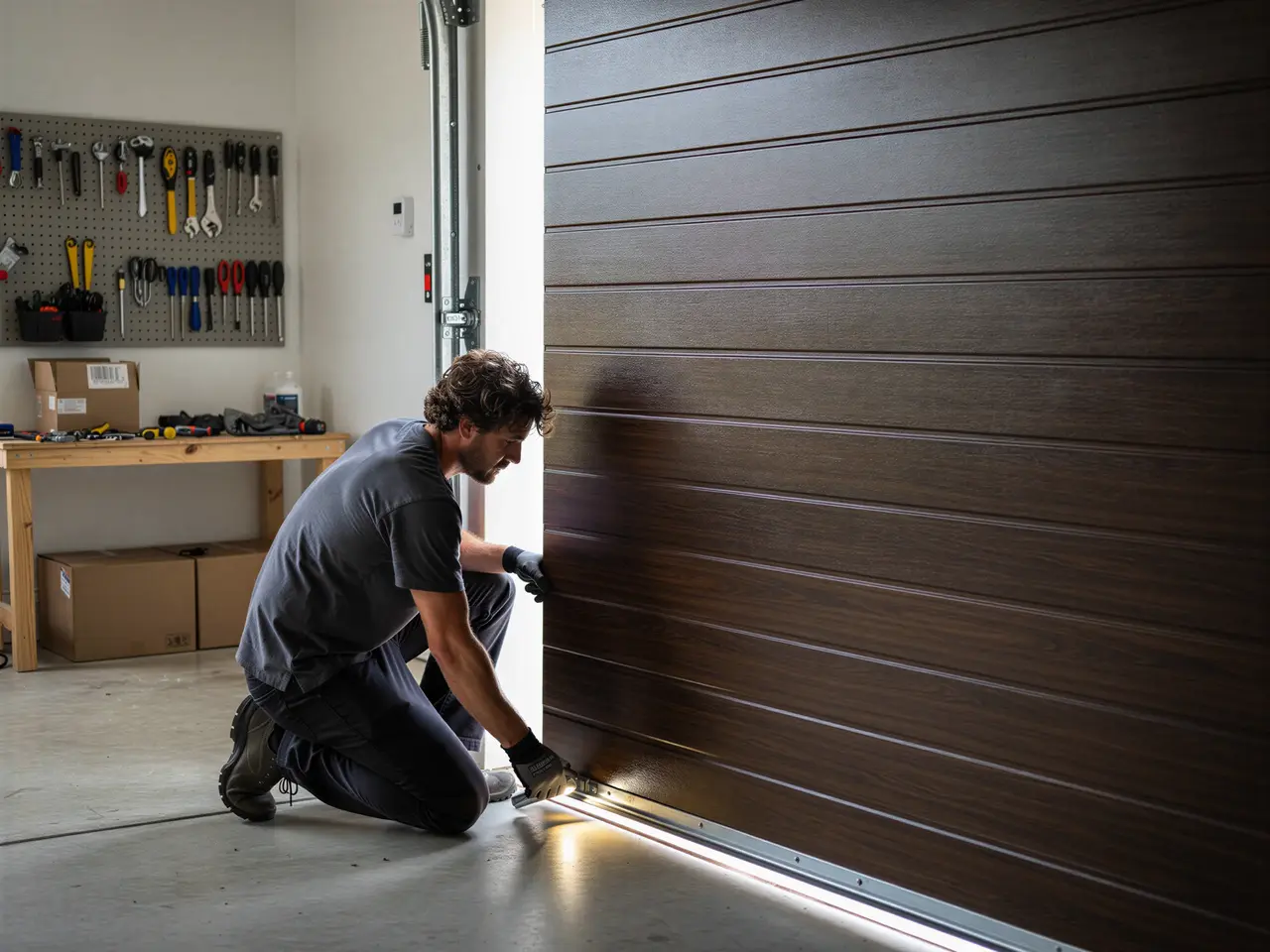 A technician kneels, inspecting the bottom of a brown garage door.