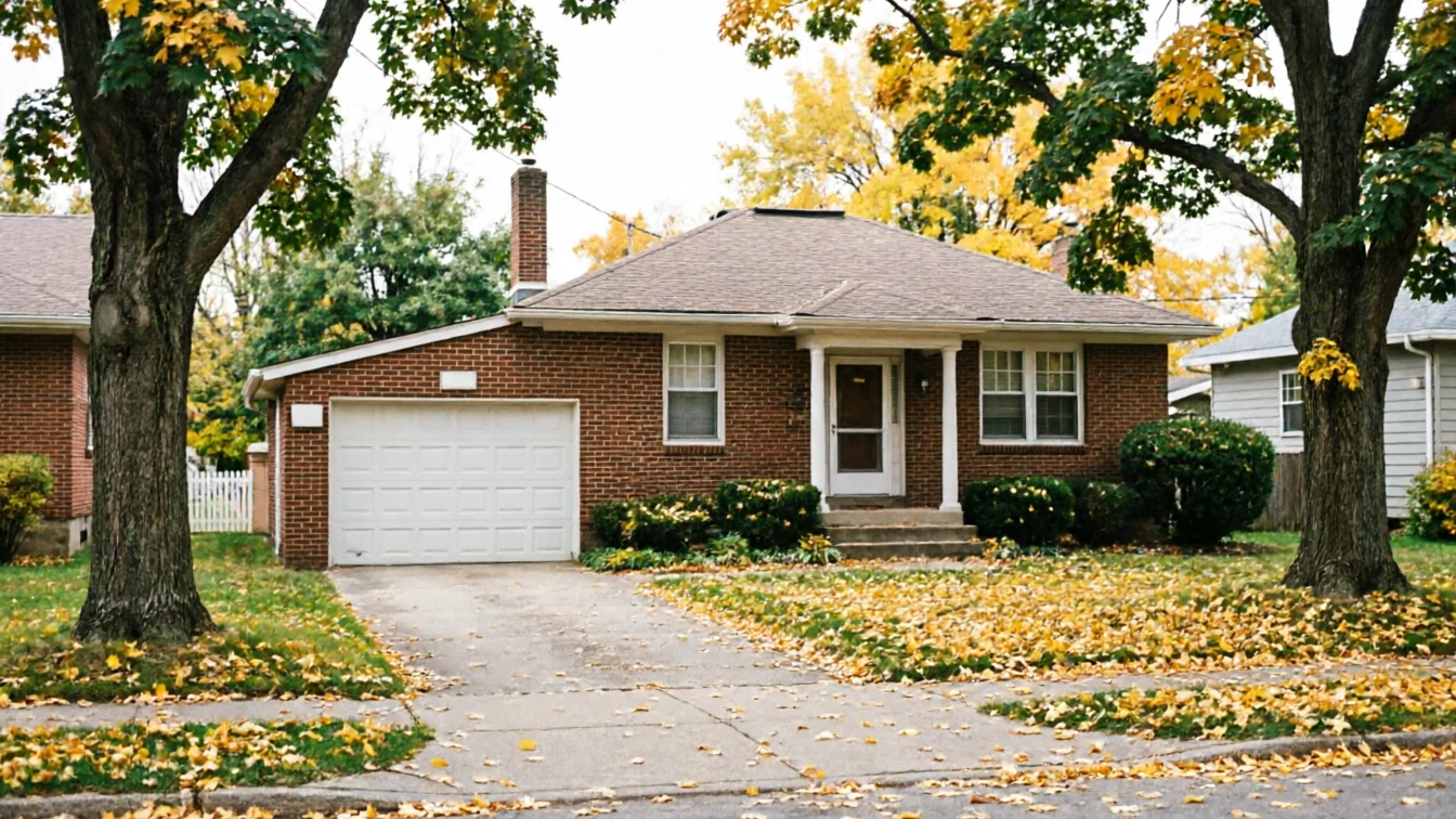 A brick house with a white garage door and yellow leaves on the lawn.