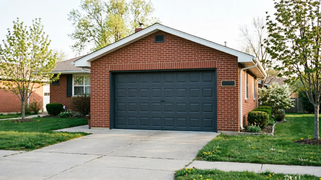 A single-story brick house has a dark gray garage door and a concrete driveway.