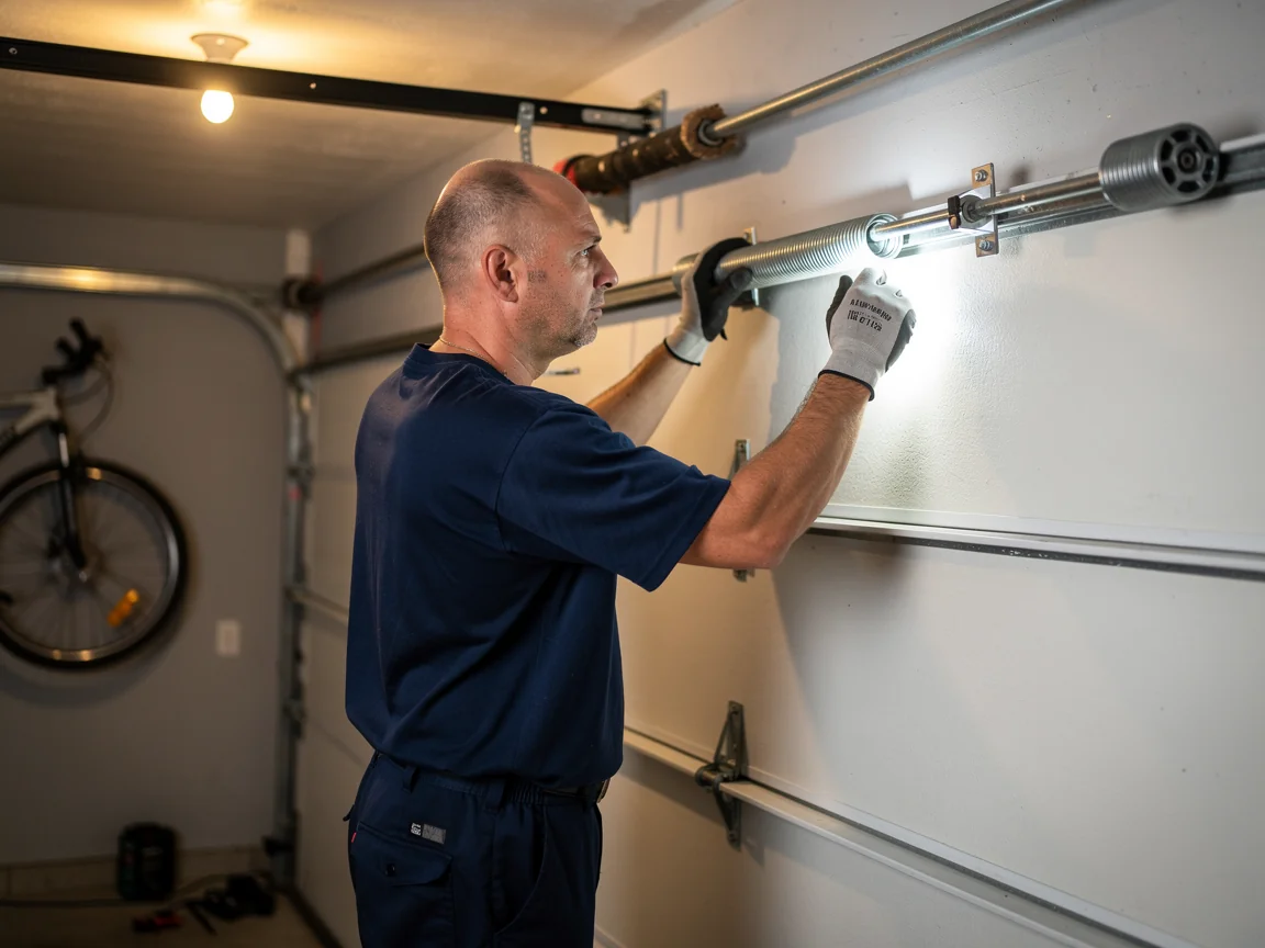 A technician in gloves adjusts a garage door torsion spring.
