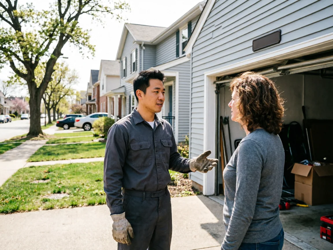 A technician talks to a woman in front of a light blue house with an open garage.