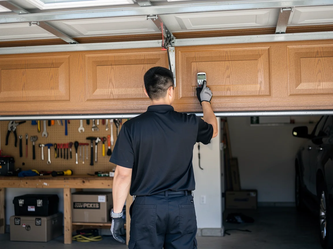 A technician in a black shirt holds a remote control to a wooden garage door.
