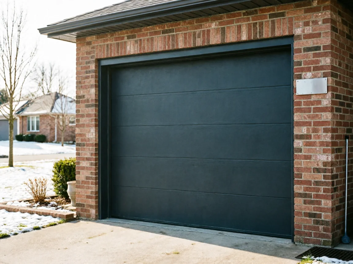 A dark gray garage door is set into a brick house with snow on the ground.
