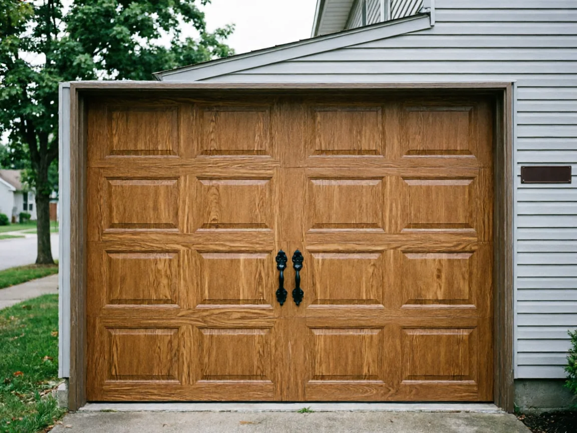 A brown wood-look garage door with decorative black handles is on a white house.